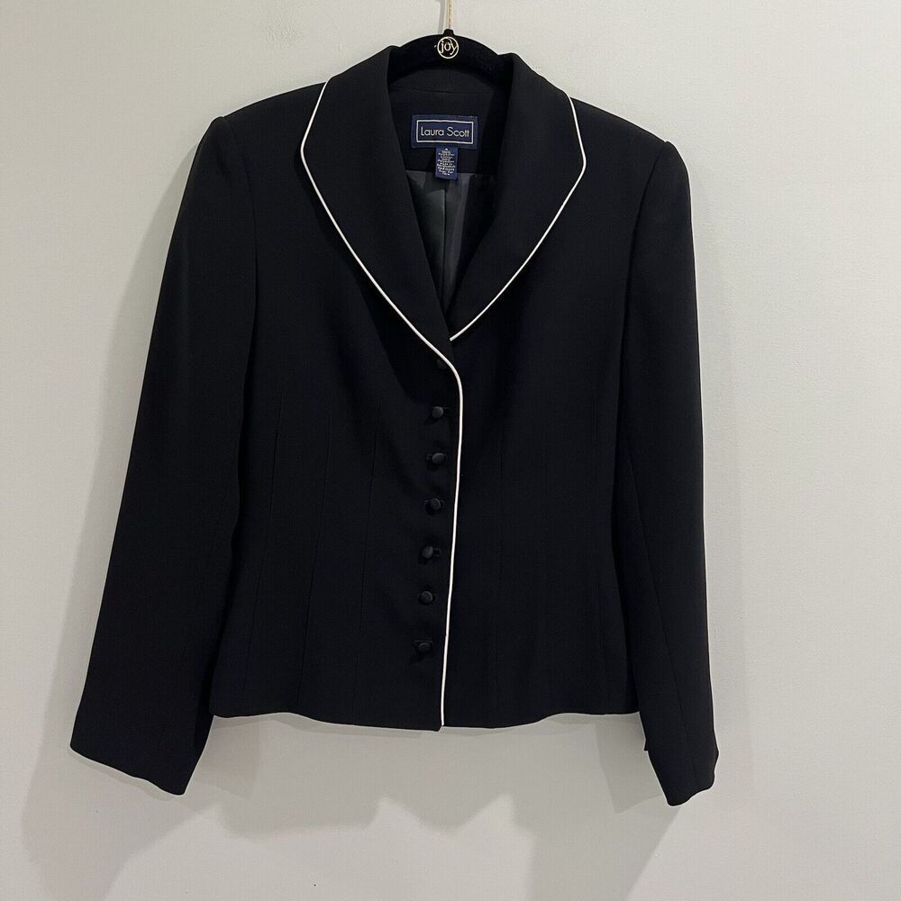 Laura Scott Blazer Women Size 4 Black White Piping Office Casual Preppy‎ Vintage